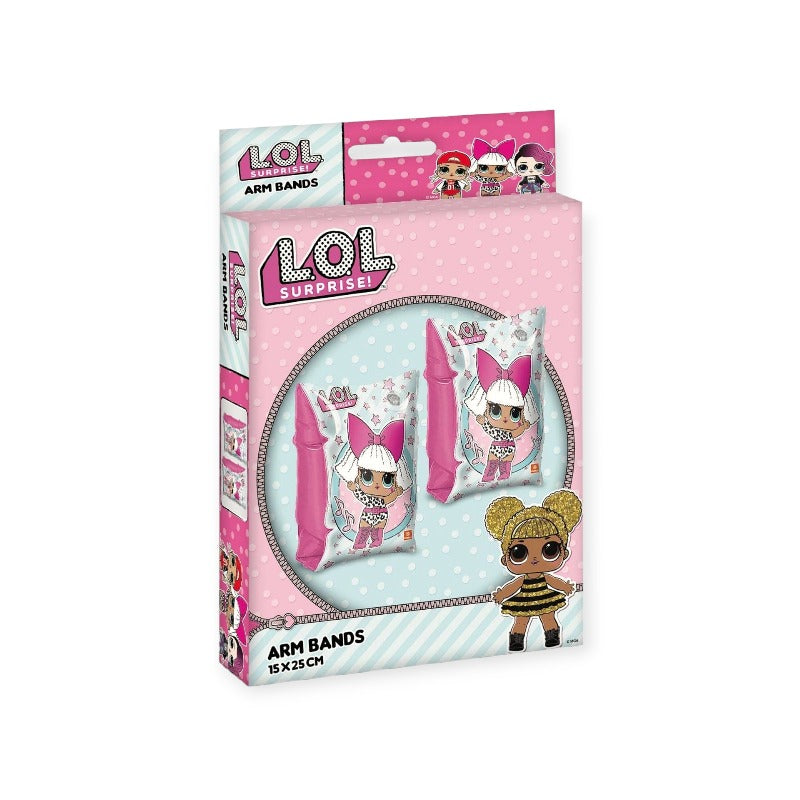 Braccioli gonfiabili per bambine: Lol Surprise. Design rosa con Bambola Lol in centro e stelline rosa e note musicali intorno.