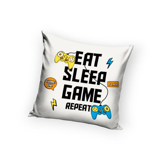 Fantastico cuscino per gli appassionati di gaming. Bianco con la scritta Eat Sleep Game Repeat. Dimensioni 40x40cm