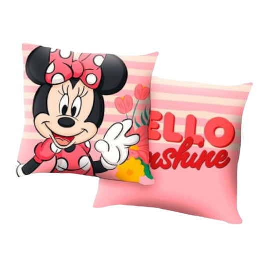 Cuscino 40x40cm diseny minnie mouse con sfondo rosa e scritta Hello Sunshine. In primo piano c'è minnie con dei fiori