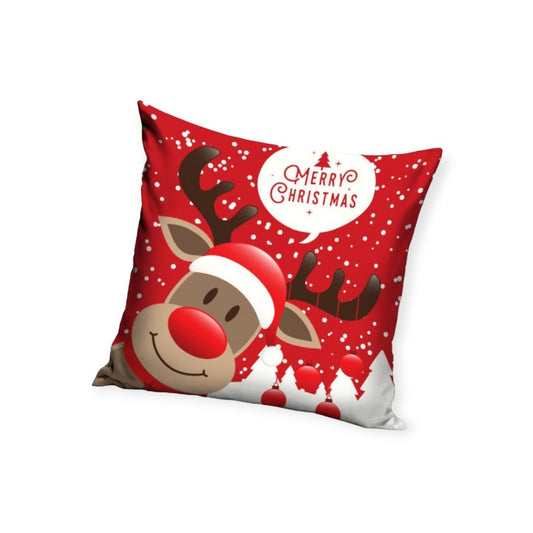 Cuscino rettangolare 40x40cm sfoderabile. Design natalizio, colore rosso con renna e scritta Merry Christmas