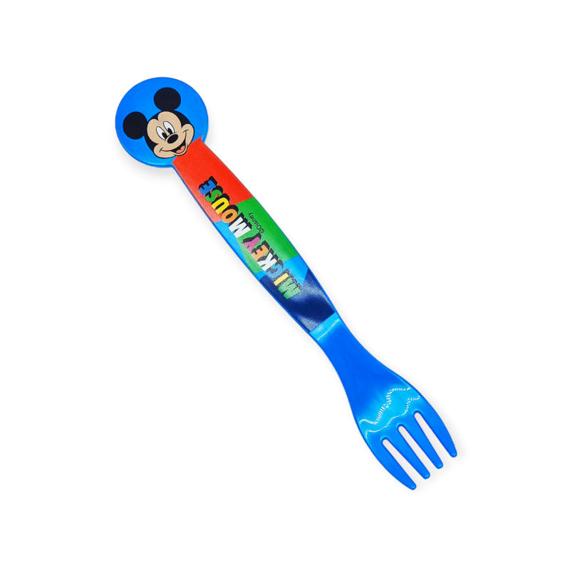 Set 2 posate da bambini a tema Mickey Mouse. Colore blu con disegnata la faccia di topolino. Il set è composto da 1 forchetta ed 1 coltello. Lavabili in lavastoviglie e 100% riciclabili