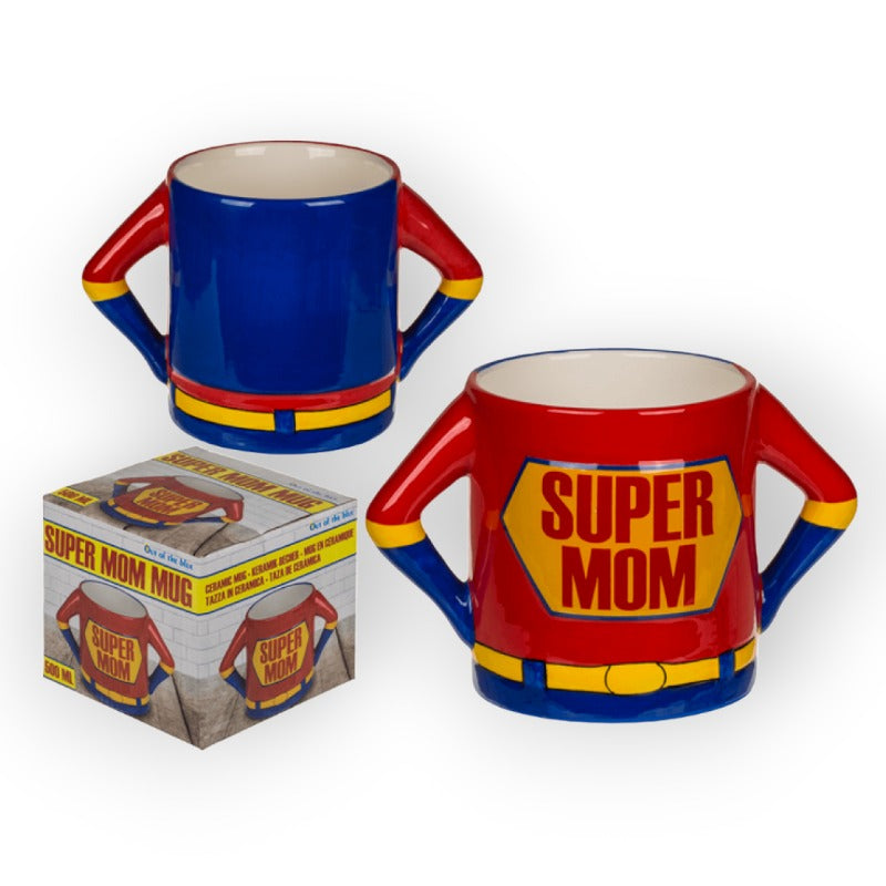 Tazza in ceramica di alta qualità dedicata alle super mamme. Design classico da supereroe di colore rosso con cintura gialla e fondo blu e la scritta "Super Mom"