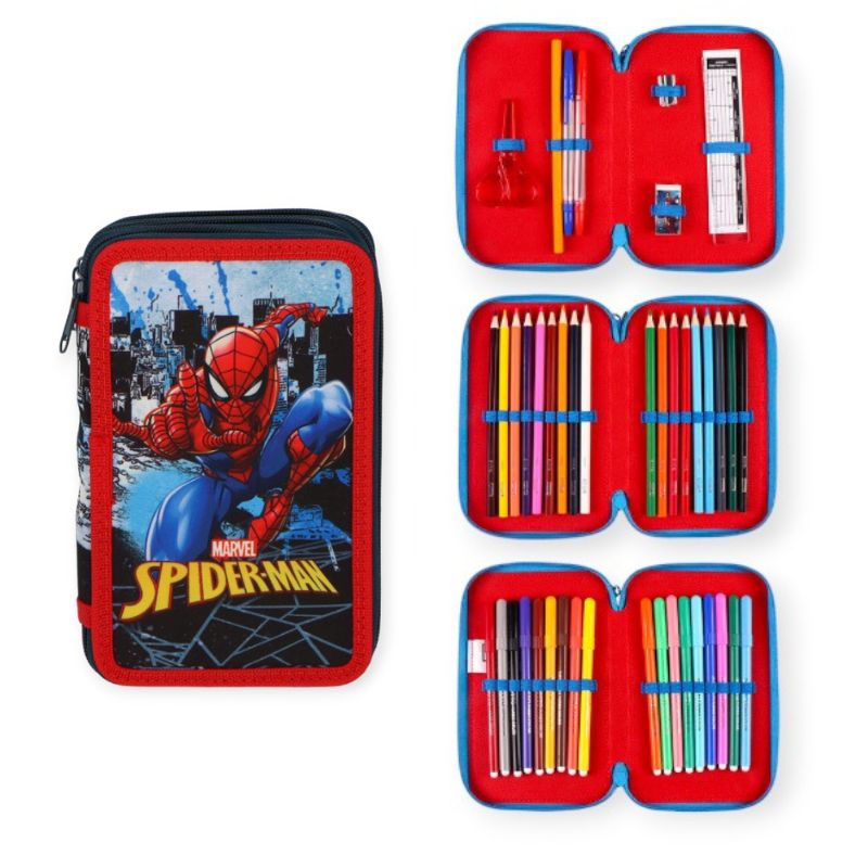 Bellissimo portapenne completo a tre scomparti composto da pennarelli e matite colorate Giotto. Design Spiderman