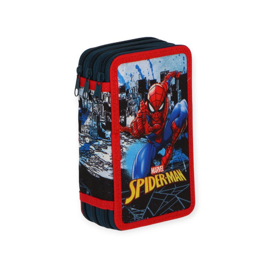 Bellissimo portapenne completo a tre scomparti composto da pennarelli e matite colorate Giotto. Design Spiderman