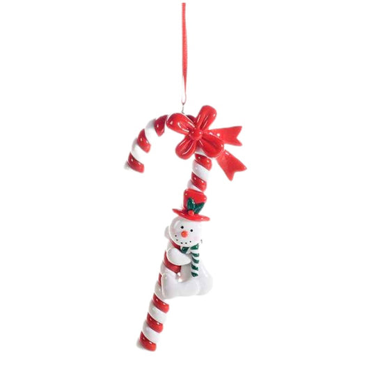 Bellissima decorazione natalizia a forma di bastoncino dolcetto in pasta di resina lucida con un pupazzo di neve.