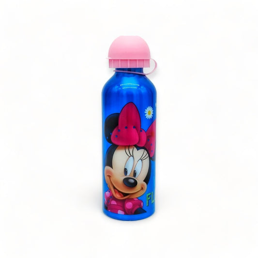 Borraccia Disney in alluminio a tema Minnie Mouse. Design Minnie con fiocco rosa in testa e sfondo blu con fiori e margherite.