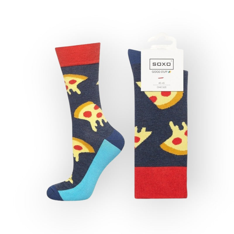 Fantastiche calze colorate a tema pizza con sfondo grigio, fette di pizza gialle, elastico rosso e suola azzurra. Misura 40-45. Ottima idea regalo uomo ragazzo