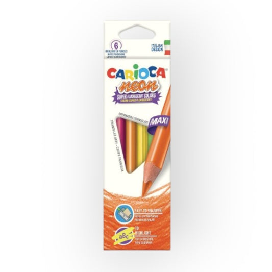 Matite colorate carioca con inchiostro fluorescente neon.. Confezione composta da 6 matite punta maxi.