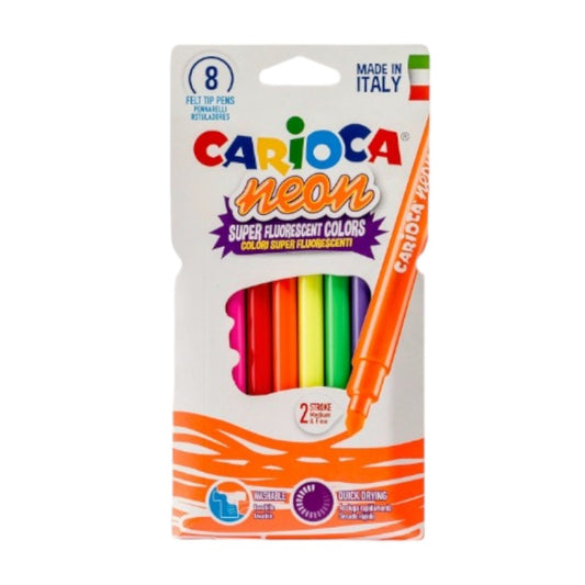 Fantastici pennarelli Neon Carioca. Scatola composta da 8 pennarelli con tonalità fluorescente. Colori brillanti e lavabili. Made in Italy