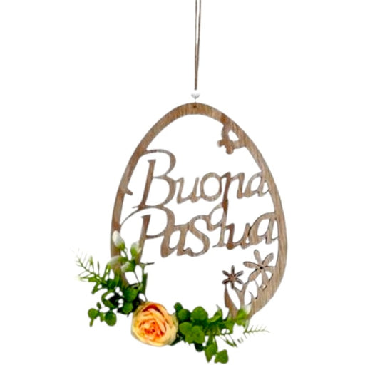 Bellissimo pendaglio Pasquale in legno con la scritta "Buona Pasqua" e fiori di pesco.