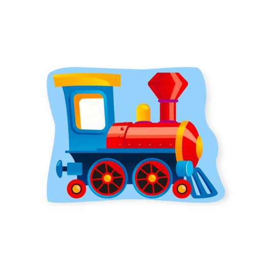 Cuscino morbido e colorato per bambini con disegno sagomato di un trenino.