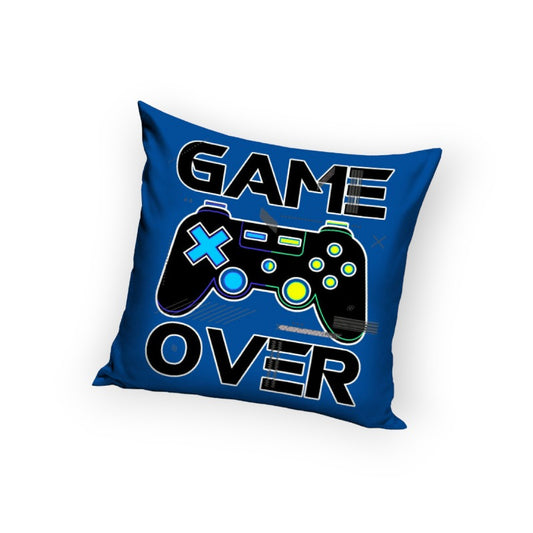 Fantastico cuscino perfetto per tutti i gamer. Colore blu con scritta game over e disegno di un joypad. Dimensione 40x40cm