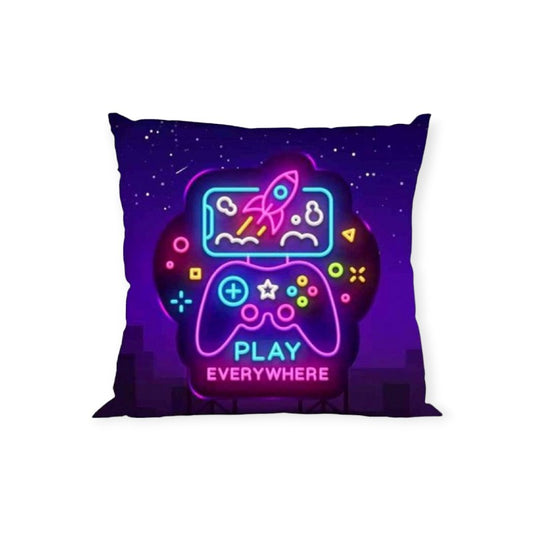 Cuscino rettangolare 40x40cm colore viola con disegni di joystick e videogiochi fluo