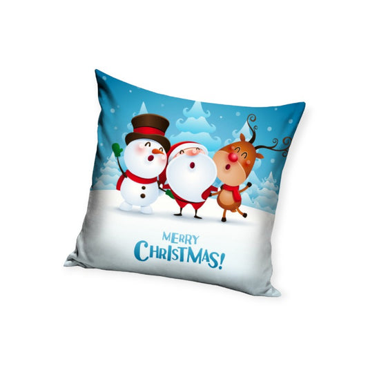 Cuscino rettangolare sfoderabile 40x40cm. azzurro con disegnati una renna, babbo natale ed un pupazzo di neve e la scritta Merry Christmas