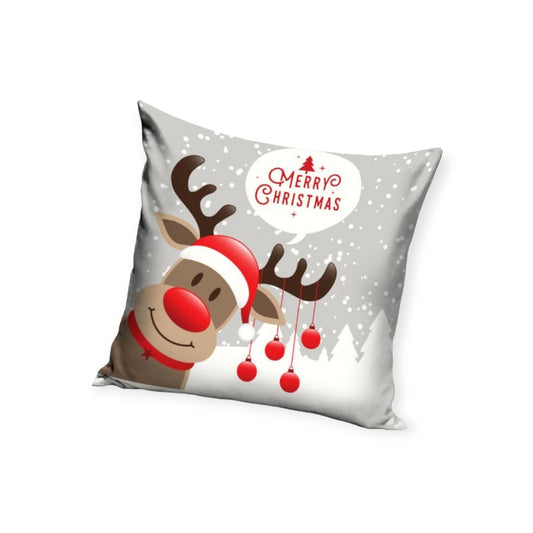 Cuscino rettangolare sfoderabile 40x40cm. Design natalizio colore grigio con disegno di una renna e la scritta merry christmas