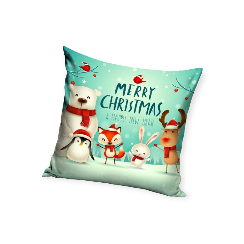 Cuscino rettangolare sfoderabile 40x40cm. Colore Azzurro con design natalizio e scritta Merry Christmas & Happy New Year