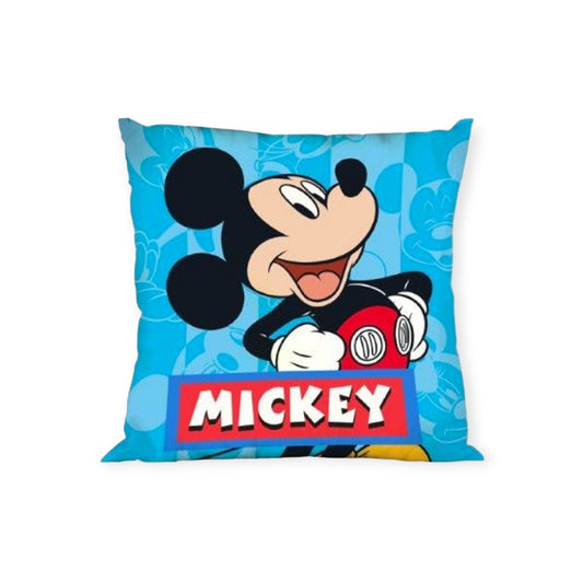 Cuscino rettangolare 40x40cm in cotone sfoderabile. Colore azzurro con disegno di topolino e la scritta "Mickey"