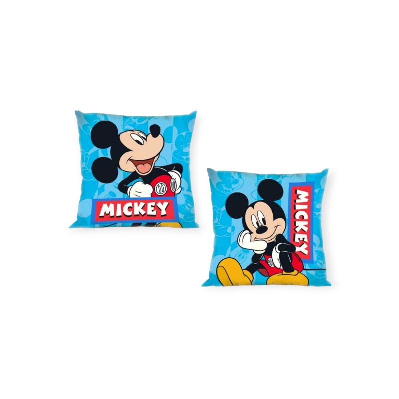 Cuscino rettangolare 40x40cm in cotone sfoderabile. Colore azzurro con disegno di topolino e la scritta "Mickey"