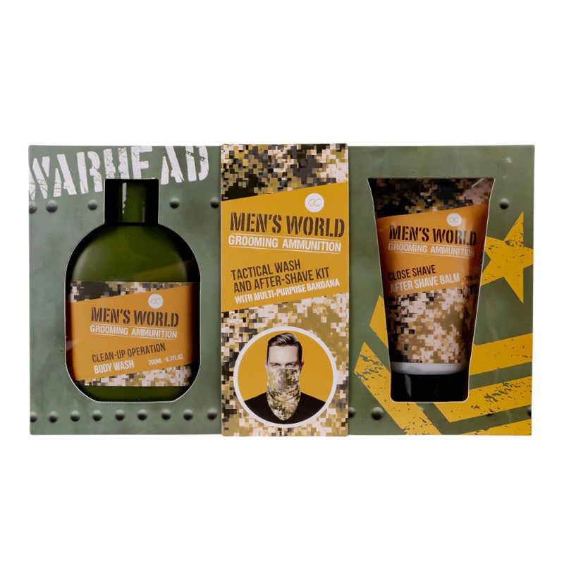 Bellissimo set regalo per la cura del corpo maschile composto da un bagnoschiuma, un dopobarba ed uno scaldacollo
