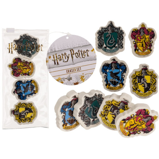 Set composto da 4 gomme da cancellare a tema Harry Potter. Ogni gomma rappresenta il logo di una delle quattro casate di Hogwarts: Tassorosso, Grifondoro, Serpeverde e Corvonero.