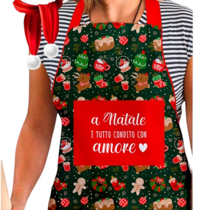 Bellissimo grembiule natalizio con la scritta "A Natale tutto è condito con amore"