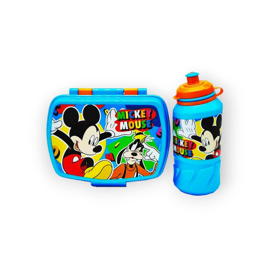 Fantastico kit merenda Disney composto da 1 borraccia in plastica da 420ml ed 1 portamerenda. Tema Topolino