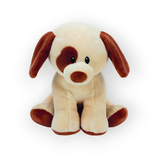 Fantastico Peluche a forma di cagnolino colore panna con macchie marroni. Tenerissimo e morbidissimo, ottima idea regalo. Dimensione 16cm