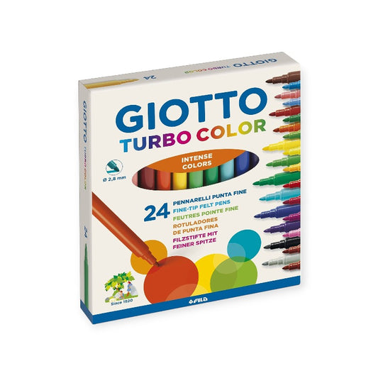 Confezione di 24 pennarelli a punta media ed inchiostro intenso e lavabile. Giotto Turbo Color.