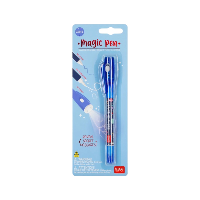 Fantastica penna legami con in un estremità un classico inchiostro blu, mentre dall'altra un inchiostro magico visibile solo con l'apposita luce.