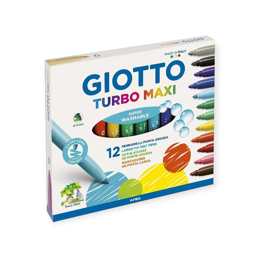 Pennarelli Giotto Turbo Maxi. Confezione composta da 12 pennarelli colorati con inchiostro colorato e lavabile.