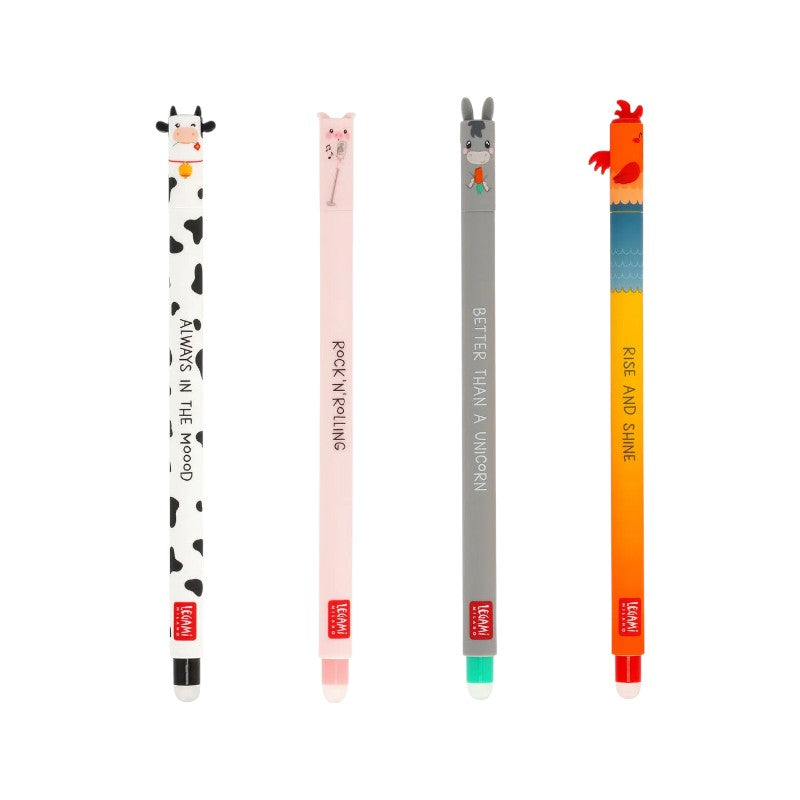 Fantastico set composto da 4 penne cancellabili legami limited edition a tema fattoria: Gallo, Asino, Mucca e Maiale.