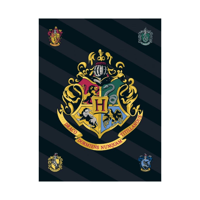 Bellissimo plaid in pile a tema Harry Potter con il logo di Hogwarts su sfondo nero.