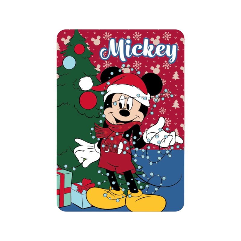 Bellissimo plaid in pile a tema natalizio con Topolino vestito da Babbo Natale mentre addobba l'albero di Natale.