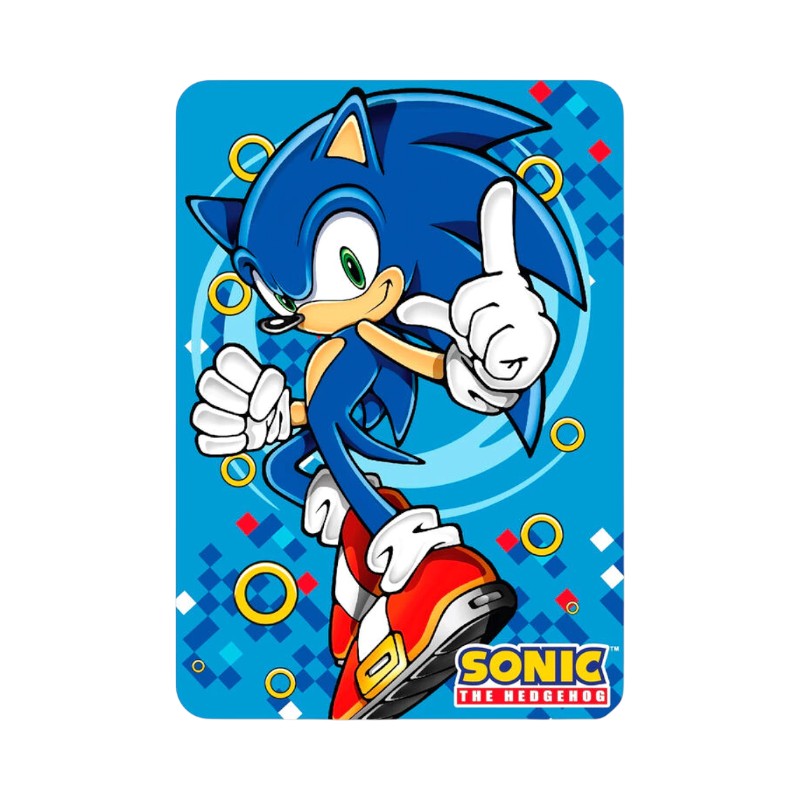 Bellissimo plaid in pile a tema Sonic, blu con disegnato il volto del famoso cartone animato.