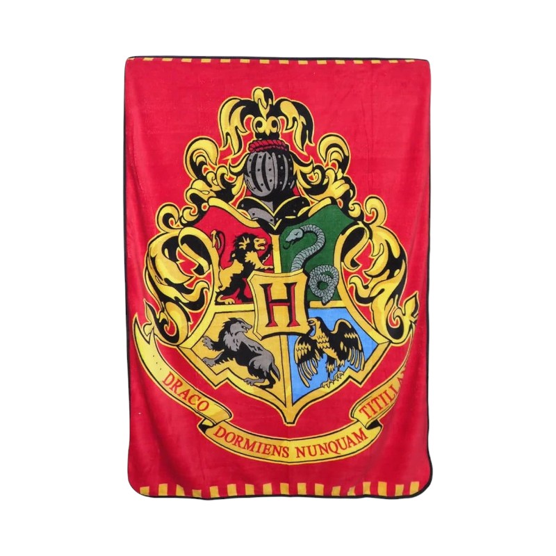 Bellissima e sofficissima coperta invernale in pile a tema Harry Potter, rossa con il logo di Hogwarts in centro