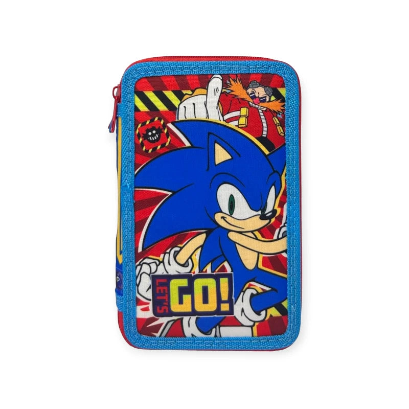 Fantastico astuccio a tre scomparti composto da matite e pennarelli Giotto a tema Sonic