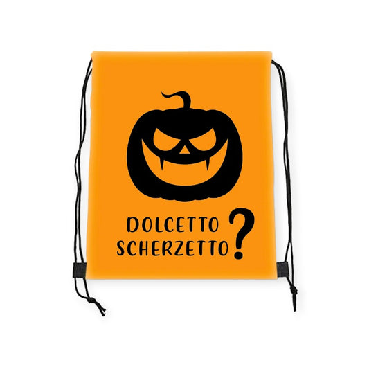 Bellissima Sacca in pvc a tema Halloween colore Arancione con la scritta "Dolcetto o Scherzetto?" Dimenisoni: 45x35cm