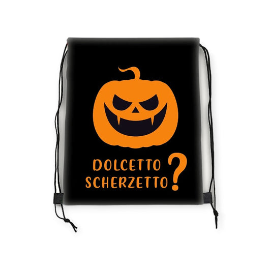 Bellissima Sacca in pvc a tema Halloween colore Nero con la scritta "Dolcetto o Scherzetto?" Dimenisoni: 45x35cm