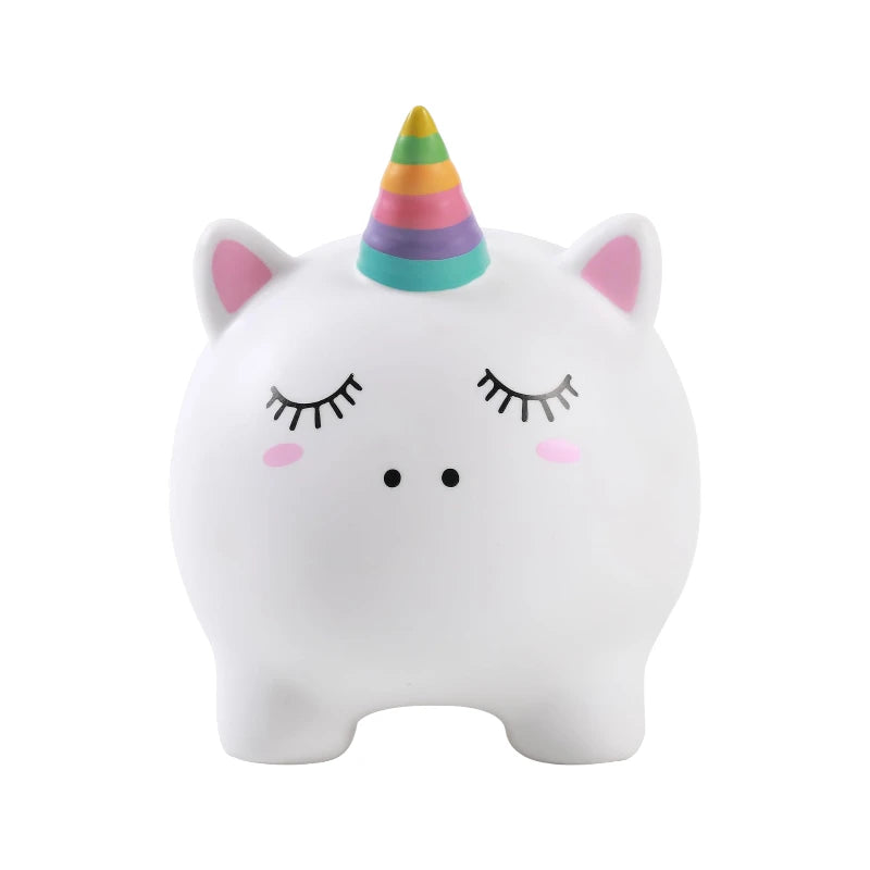 Salvadanaio 3D a forma di unicorno bianco con corno arcobaleno in PVC