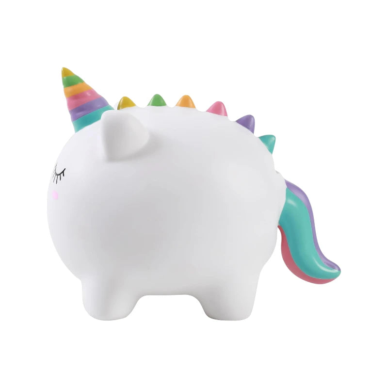 Salvadanaio 3D a forma di unicorno bianco con corno arcobaleno in PVC