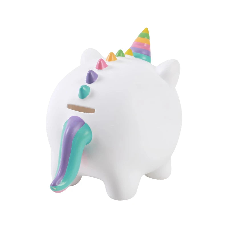 Salvadanaio 3D a forma di unicorno bianco con corno arcobaleno in PVC