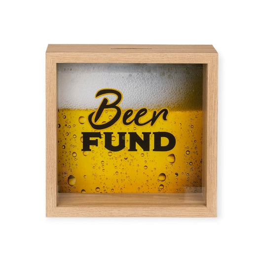 Salvadanaio porta risparmi in legno 20x20cm con sfondo "Beer Fund" Birra
