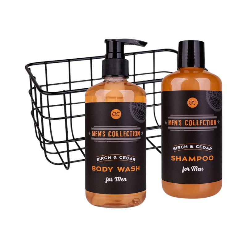 Bellissimo set bagno regalo da uomo composto da un cestino in metallo con all'interno un bagnoschiuma ed uno shampoo da uomo