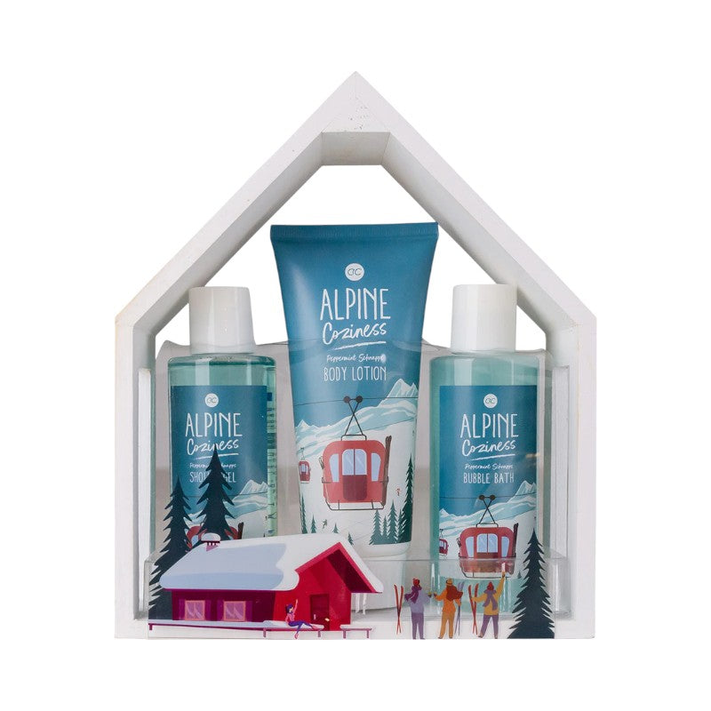 Bellissimo set regalo per la cura del corpo composto da due bagnoschiuma ed una crema corpo, all'interno di una bellissima casetta in legno a tema alpi.