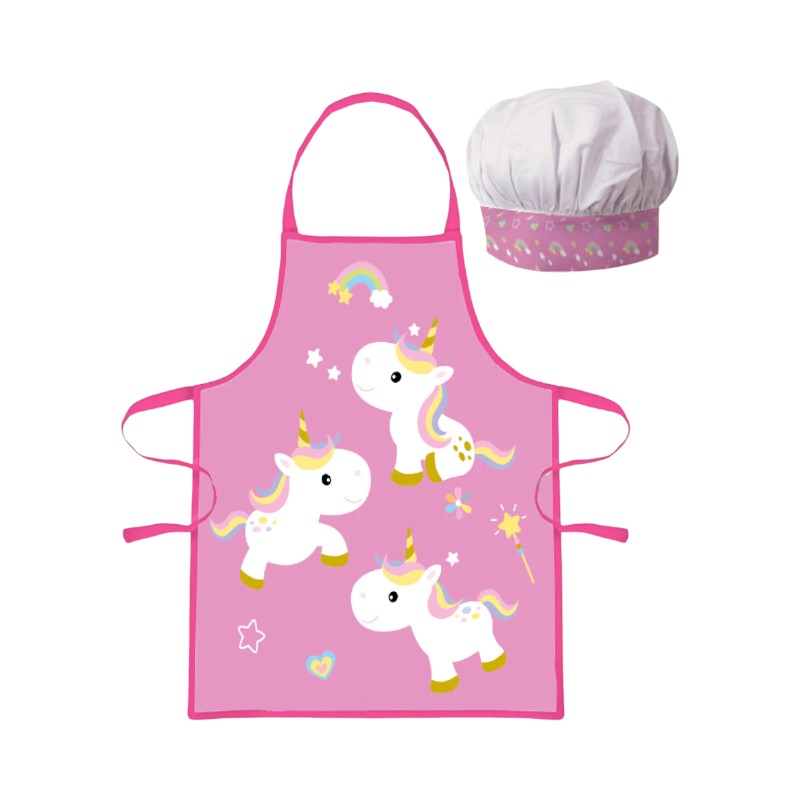 Bellissimo set composto da un grembiule da cucina ed un cappello da chef per bambine a tema Unicorno