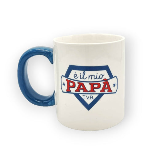 Festa del papà tazza in ceramica bianca con manico blu "Il mio supereroe preferito è il mio papà"