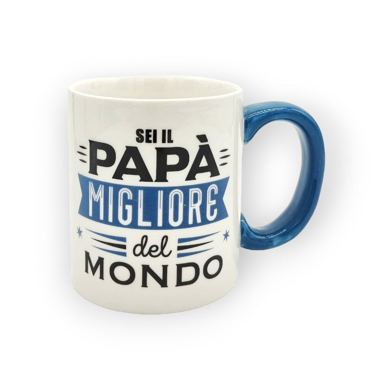 Festa del papà tazza in ceramica bianca con manico blu "Sei il papà migliore del mondo"