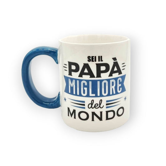 Festa del papà tazza in ceramica bianca con manico blu "Sei il papà migliore del mondo"