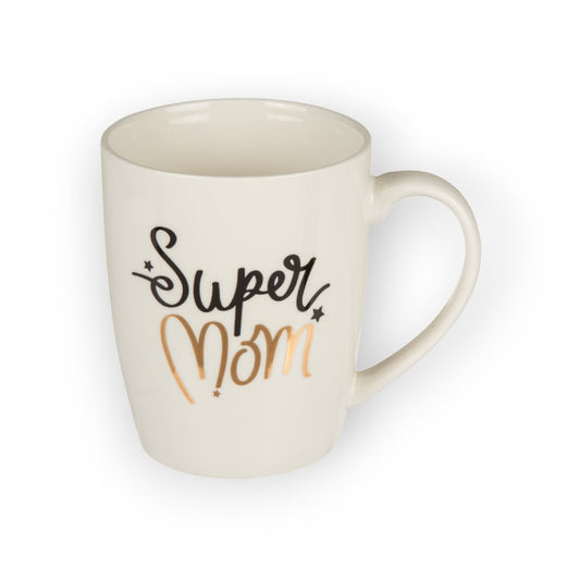 Fantastica tazza in ceramica bianca di altissima qualità con la scritta super mom dorata e cool.