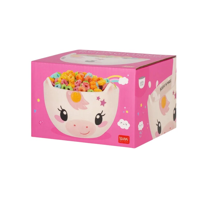 Bellissima tazza da colazione legami a tema unicorno, con la scritta "Belive in magic"